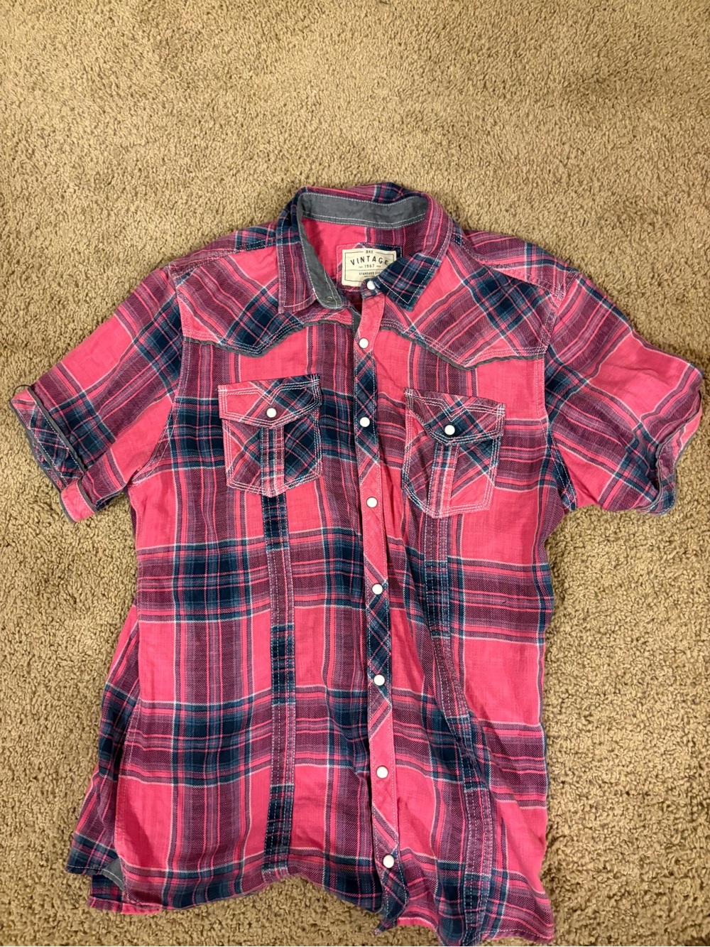 Vintage Pink and Navy Plaid Short-Sleeve Button-Down Shirt